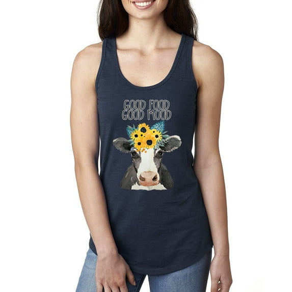 Wild Bobby, Good Food Good Mood Funny Cute Cow Animal Lover Ladies Racerback Tank Top, Navy, Large