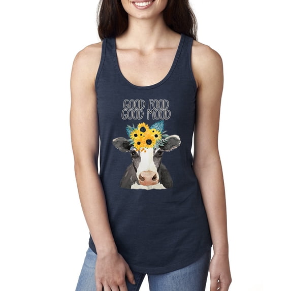 Wild Bobby, Good Food Good Mood Funny Cute Cow Animal Lover Ladies Racerback Tank Top, Navy, Small