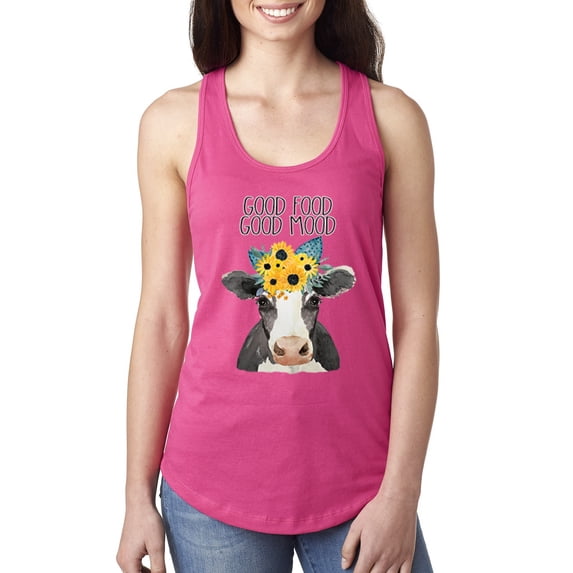 Wild Bobby, Good Food Good Mood Funny Cute Cow Animal Lover Ladies Racerback Tank Top, Raspberry, X-Large