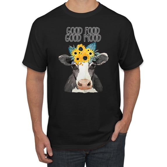 Wild Bobby, Good Food Good Mood Funny Cute Cow Animal Lover Men's Graphic T-Shirt, Black, Small