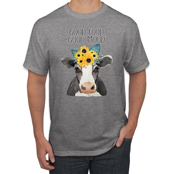 Wild Bobby, Good Food Good Mood Funny Cute Cow Animal Lover Men's Graphic T-Shirt, Heather Grey, 3XL