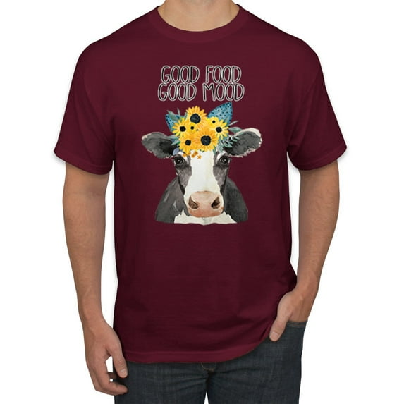 Wild Bobby, Good Food Good Mood Funny Cute Cow Animal Lover Men's Graphic T-Shirt, Maroon, Medium