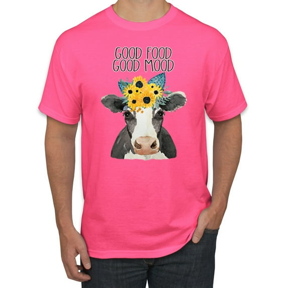 Wild Bobby, Good Food Good Mood Funny Cute Cow Animal Lover Men's Graphic T-Shirt, Neon Pink, 4XL