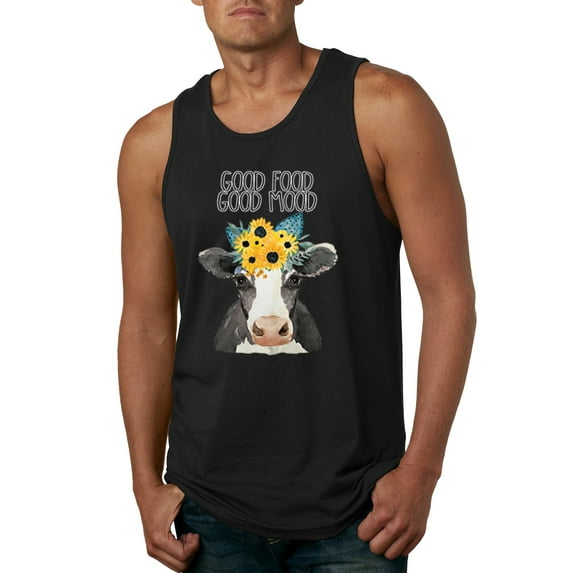 Wild Bobby, Good Food Good Mood Funny Cute Cow Animal Lover Mens Graphic Tank Top, Black, Small