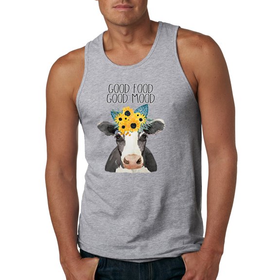 Wild Bobby, Good Food Good Mood Funny Cute Cow Animal Lover Mens Graphic Tank Top, Heather Grey, 2XL