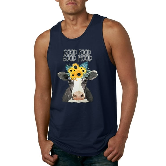Wild Bobby, Good Food Good Mood Funny Cute Cow Animal Lover Mens Graphic Tank Top, Navy, 2XL