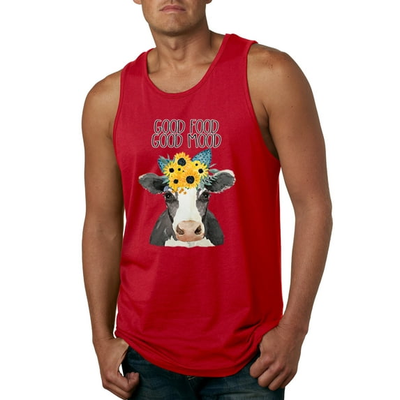 Wild Bobby, Good Food Good Mood Funny Cute Cow Animal Lover Mens Graphic Tank Top, Red, 2XL