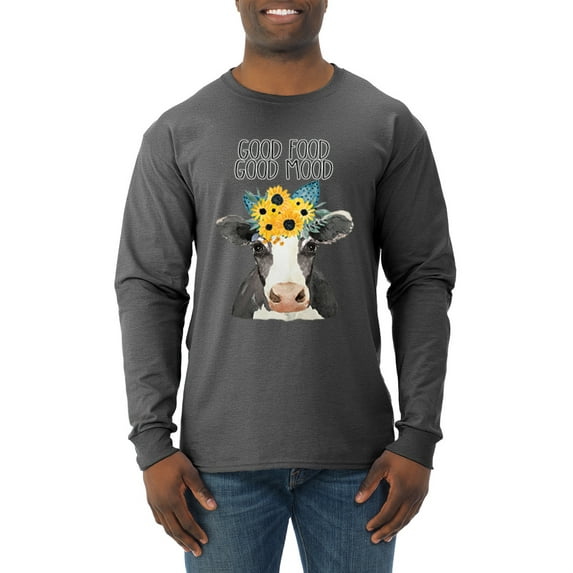 Wild Bobby, Good Food Good Mood Funny Cute Cow Animal Lover Mens Long Sleeve Shirt, Heather Black, Medium