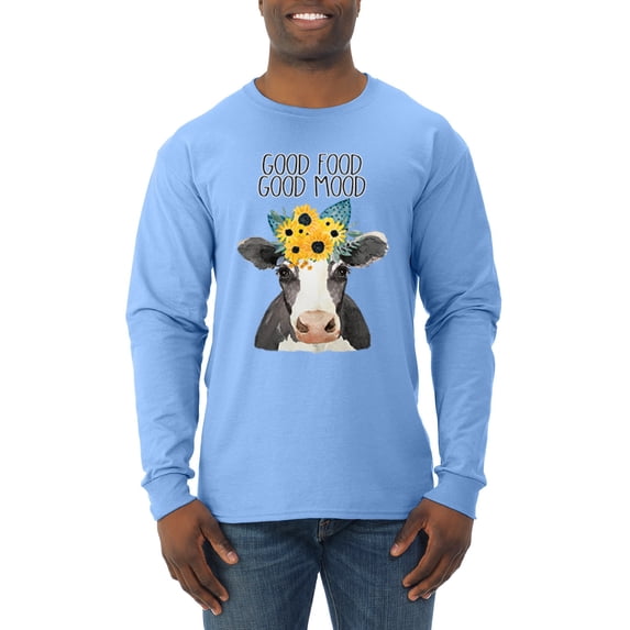 Wild Bobby, Good Food Good Mood Funny Cute Cow Animal Lover Mens Long Sleeve Shirt, Light Blue, 3XL