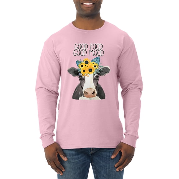 Wild Bobby, Good Food Good Mood Funny Cute Cow Animal Lover Mens Long Sleeve Shirt, Light Pink, X-Large