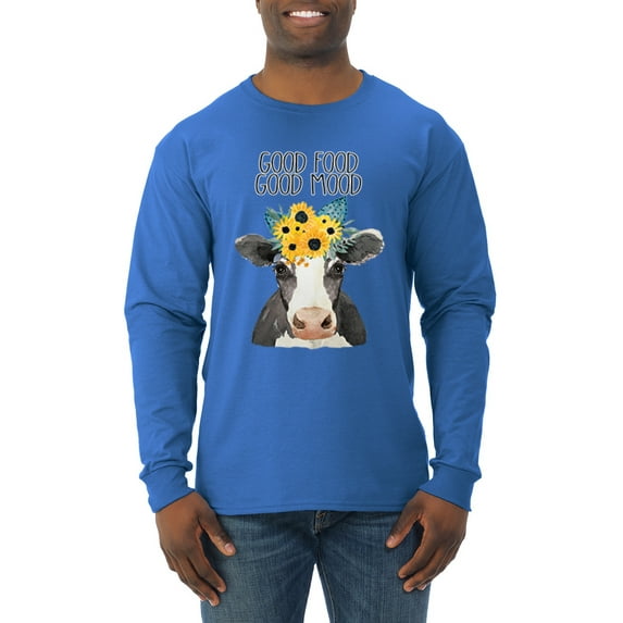 Wild Bobby, Good Food Good Mood Funny Cute Cow Animal Lover Mens Long Sleeve Shirt, Royal, Medium