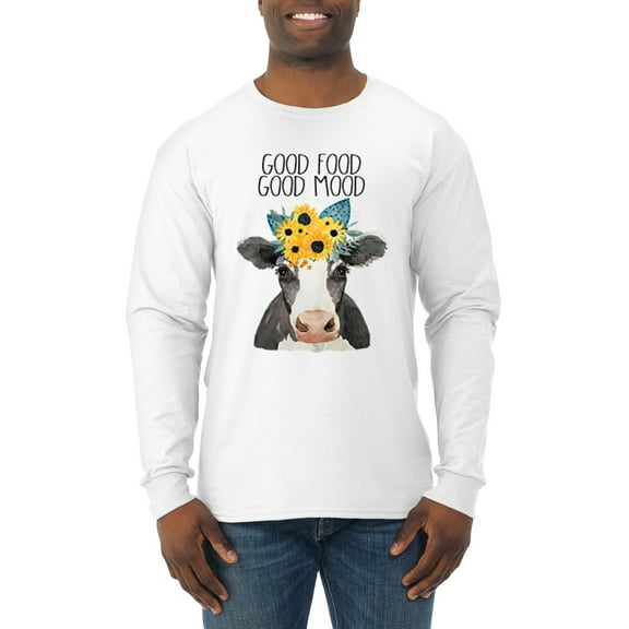 Wild Bobby, Good Food Good Mood Funny Cute Cow Animal Lover Mens Long Sleeve Shirt, White, Large