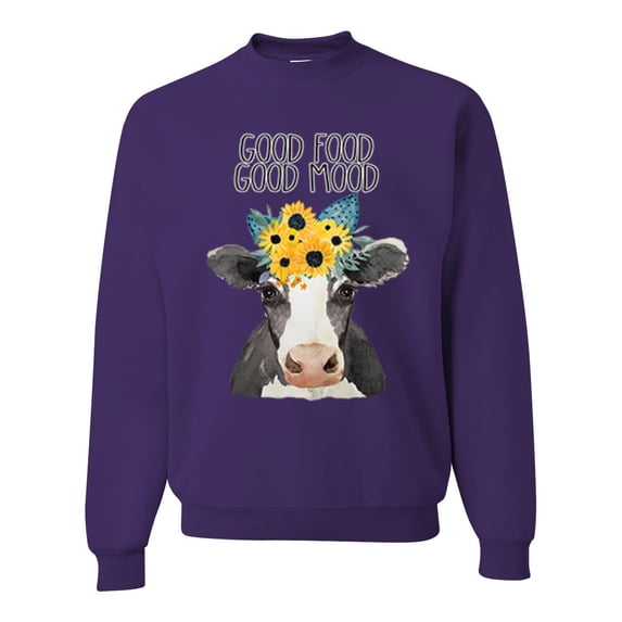 Wild Bobby, Good Food Good Mood Funny Cute Cow Animal Lover Unisex Crewneck Graphic Sweatshirt, Purple, Medium