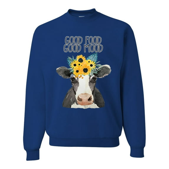 Wild Bobby, Good Food Good Mood Funny Cute Cow Animal Lover Unisex Crewneck Graphic Sweatshirt, Royal, Medium