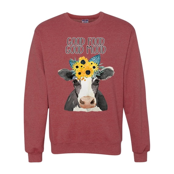 Wild Bobby, Good Food Good Mood Funny Cute Cow Animal Lover Unisex Crewneck Graphic Sweatshirt, Vintage Heather Red, 3XL