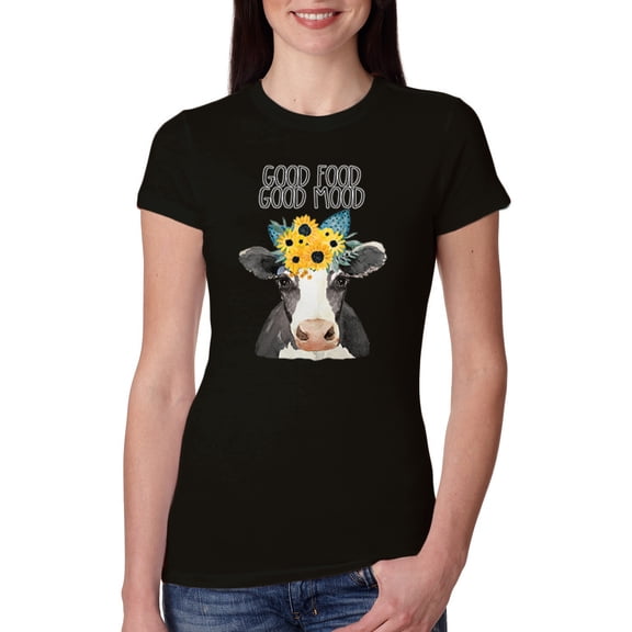 Wild Bobby, Good Food Good Mood Funny Cute Cow Animal Lover Womens Slim Fit Junior Tee, Black, Small