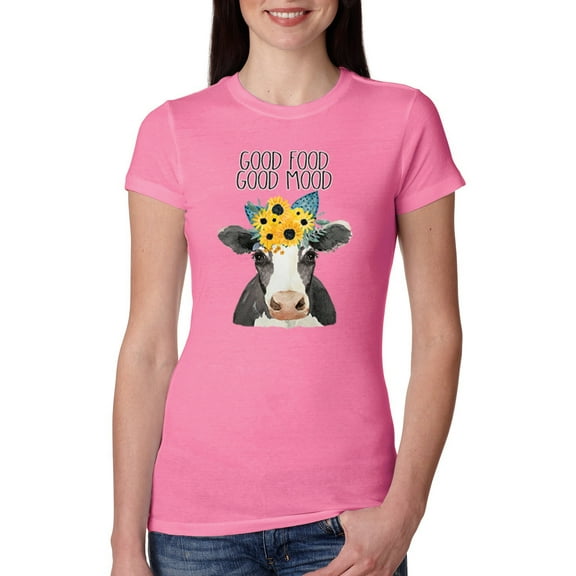 Wild Bobby, Good Food Good Mood Funny Cute Cow Animal Lover Womens Slim Fit Junior Tee, Hot Pink, 2XL
