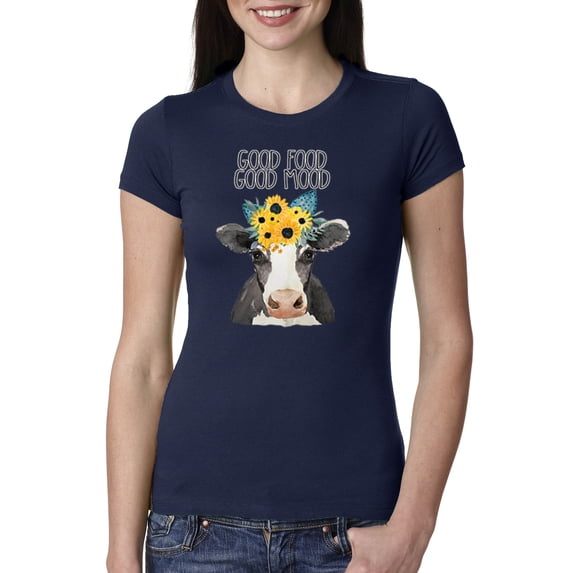 Wild Bobby, Good Food Good Mood Funny Cute Cow Animal Lover Womens Slim Fit Junior Tee, Navy, Small