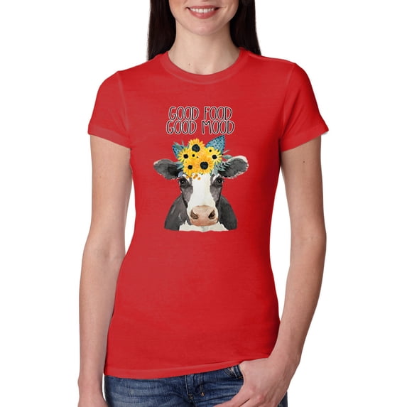 Wild Bobby, Good Food Good Mood Funny Cute Cow Animal Lover Womens Slim Fit Junior Tee, Red, Large