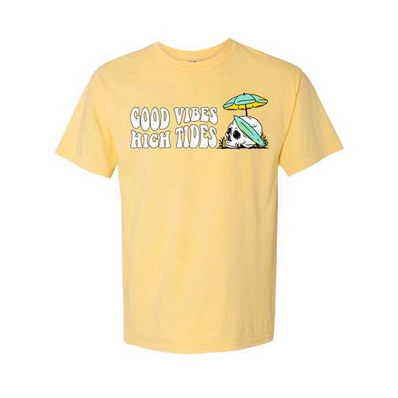 Wild Bobby Good Vibes High Tides Streetwear Garment-Dyed Washed Look Short Sleeve T-Shirt