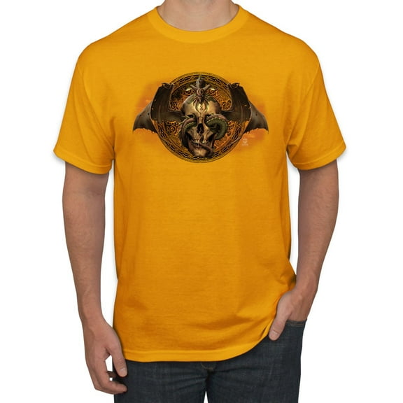 Wild Bobby, Gothic Skull and Dragon, Pop Culture, Men Graphic Tees, Gold, Medium