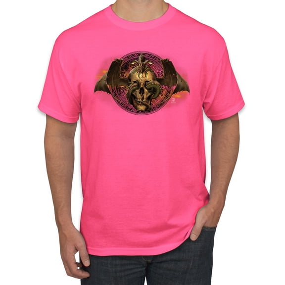Wild Bobby, Gothic Skull and Dragon, Pop Culture, Men Graphic Tees, Neon Pink, X-Large