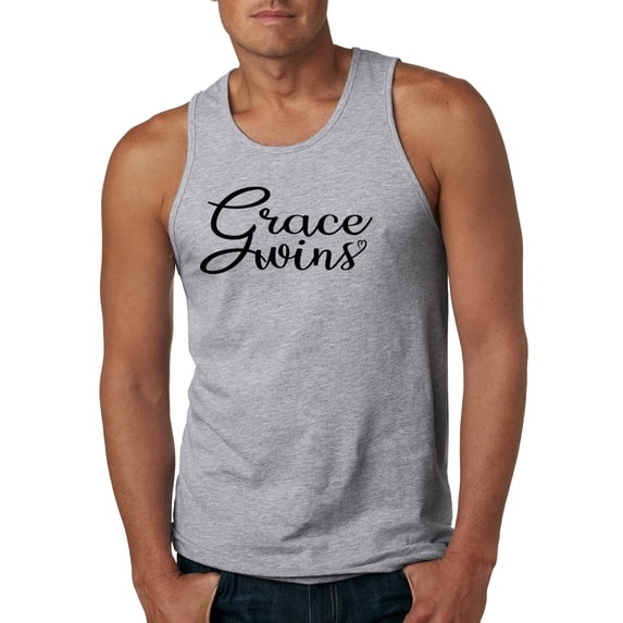 Wild Bobby Grace Wins Script Inspirational/Christian Men Graphic Tank Top, Heather Grey, 3X-Large