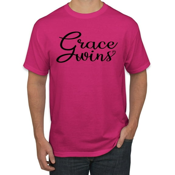 Wild Bobby Grace Wins Script Inspirational/Christian Men Graphic Tee, Fuschia, Medium
