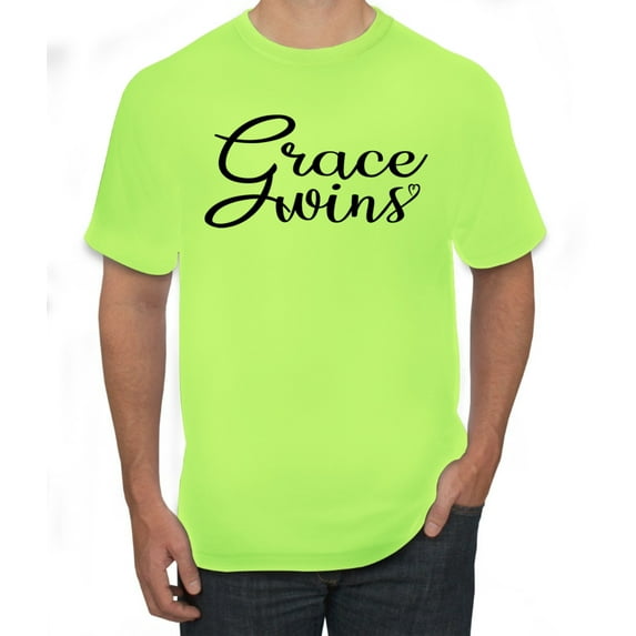 Wild Bobby Grace Wins Script Inspirational/Christian Men Graphic Tee, Safety Green, 3X-Large