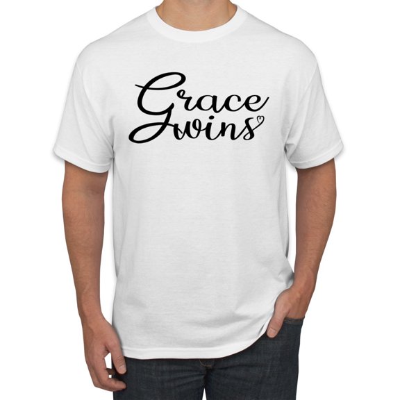 Wild Bobby Grace Wins Script Inspirational/Christian Men Graphic Tee, White, Small