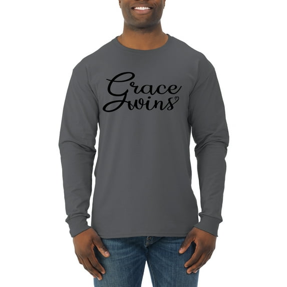 Wild Bobby Grace Wins Script Inspirational/Christian Men Long Sleeve Shirt, Charcoal, Small