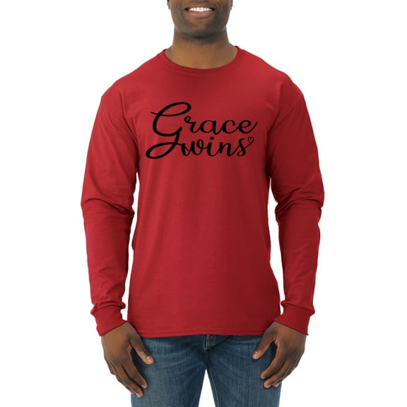 Wild Bobby Grace Wins Script Inspirational/Christian Men Long Sleeve Shirt, Red, XX-Large