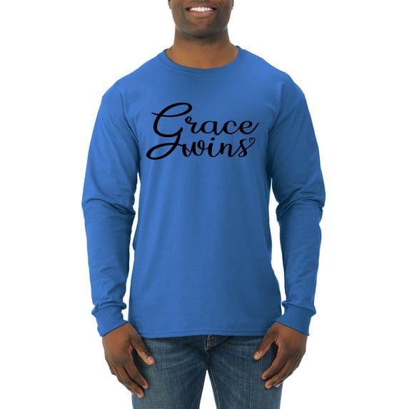 Wild Bobby Grace Wins Script Inspirational/Christian Men Long Sleeve Shirt, Royal, Large