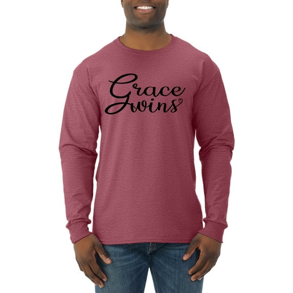 Wild Bobby Grace Wins Script Inspirational/Christian Men Long Sleeve Shirt, Vintage Heather Red, X-Large