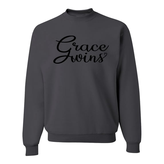 Wild Bobby Grace Wins Script Inspirational/Christian Unisex Crewneck Graphic Sweatshirt, Charcoal, Small
