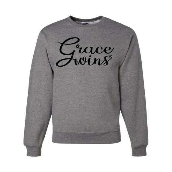 Wild Bobby Grace Wins Script Inspirational/Christian Unisex Crewneck Graphic Sweatshirt, Heather Grey, Medium