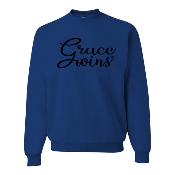 Wild Bobby Grace Wins Script Inspirational/Christian Unisex Crewneck Graphic Sweatshirt, Royal, Large
