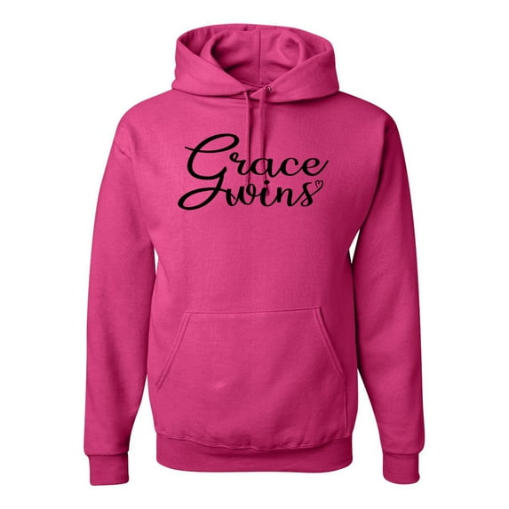 Wild Bobby Grace Wins Script Inspirational/Christian Unisex Graphic Hoodie Sweatshirt, Fuschia, X-Large