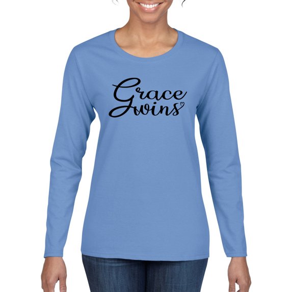 Wild Bobby Grace Wins Script Inspirational/Christian Women Graphic Long Sleeve Tee, Light Blue, XX-Large