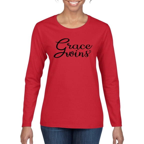 Wild Bobby Grace Wins Script Inspirational/Christian Women Graphic Long Sleeve Tee, Red, Large