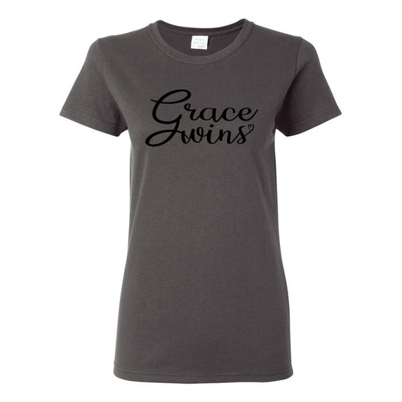 Wild Bobby Grace Wins Script Inspirational/Christian Women Graphic Tee, Charcoal, Large