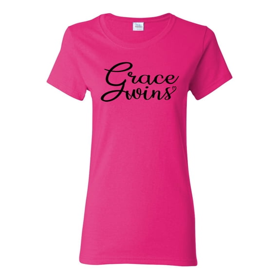 Wild Bobby Grace Wins Script Inspirational/Christian Women Graphic Tee, Fuschia, Small