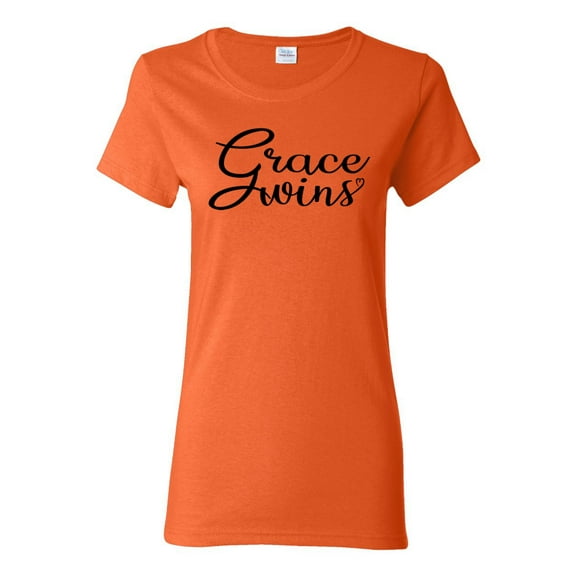 Wild Bobby Grace Wins Script Inspirational/Christian Women Graphic Tee, Orange, Large