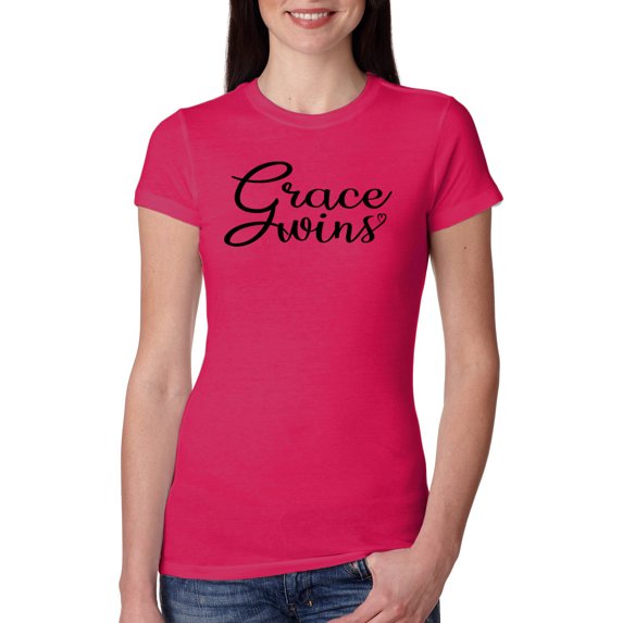 Wild Bobby, Grace Wins Script Inspirational/Christian Women Slim Fit Junior Tee, Raspberry, Small