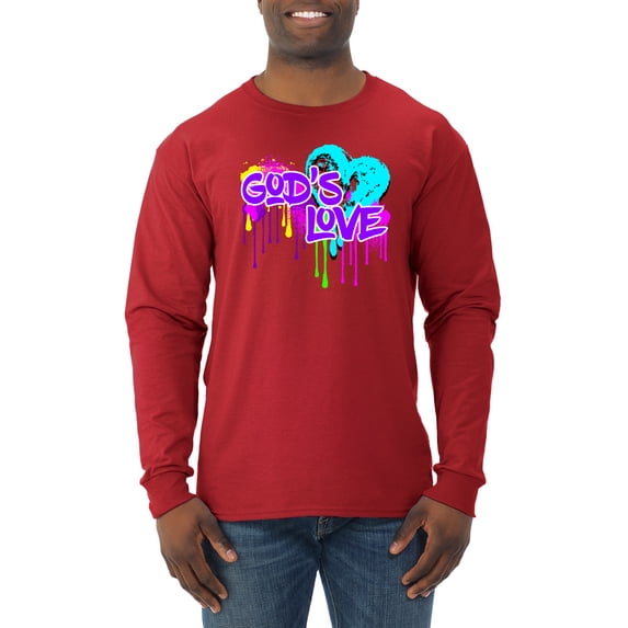 Wild Bobby, Graffiti Art God's Love, Inspirational/Christian, Men Long Sleeve Shirt, Red, X-Large