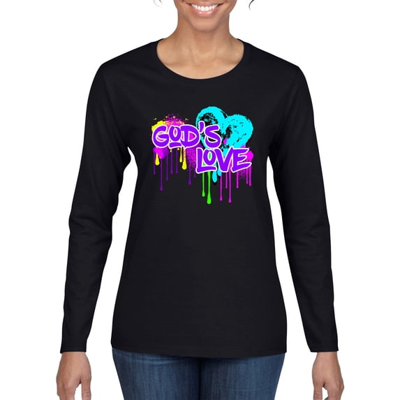 Wild Bobby, Graffiti Art God's Love, Inspirational/Christian, Women Graphic Long Sleeve Tee, Black, Medium