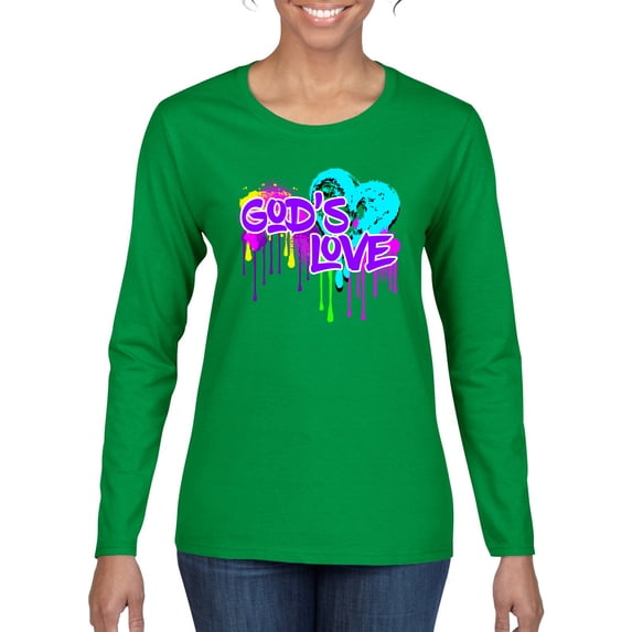 Wild Bobby, Graffiti Art God's Love, Inspirational/Christian, Women Graphic Long Sleeve Tee, Kelly, Medium