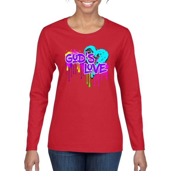 Wild Bobby, Graffiti Art God's Love, Inspirational/Christian, Women Graphic Long Sleeve Tee, Red, Small