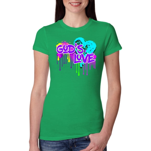 Wild Bobby, Graffiti Art God's Love, Inspirational/Christian, Women Slim Fit Junior Tee, Kelly, XX-Large