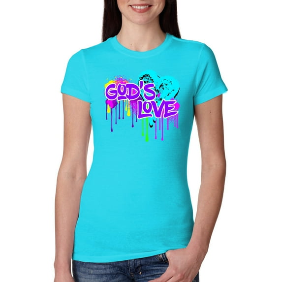 Wild Bobby, Graffiti Art God's Love, Inspirational/Christian, Women Slim Fit Junior Tee, Tahiti Blue, Large